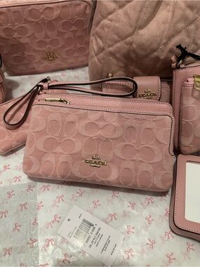 NWT Coach CDN22 Double Zip Wallet In Signature Denim Gold/Light Pink